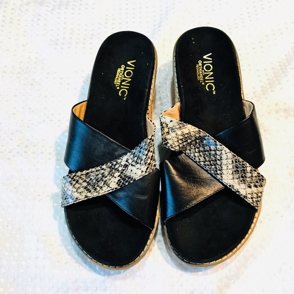 Vionic Montego Black Snake Print Comfort Wedge Orthoheel Slide Sandals SZ: 7 - Picture 4 of 6